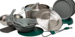 Durable and compact cookware for campsite meals.